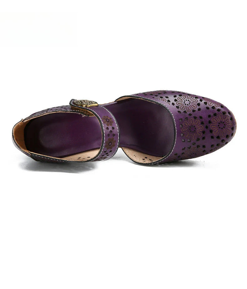 Socofy Genuine leather romantic three-dimensional flowers hollowed out sandals