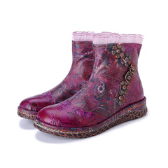 Socofy Winter Vintage Lace Floral Boots