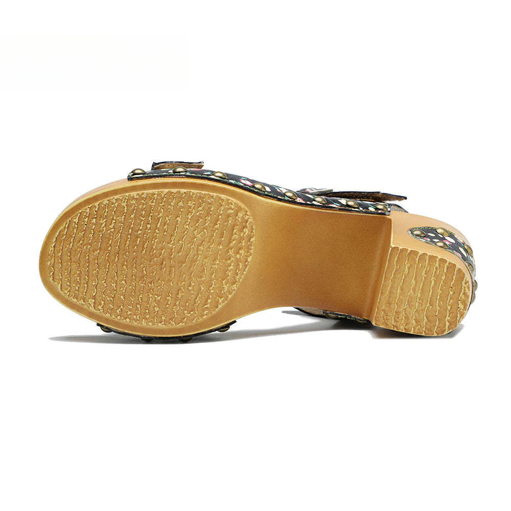 Socofy Leather Vintage Floral American Rustic Heeled Sandals