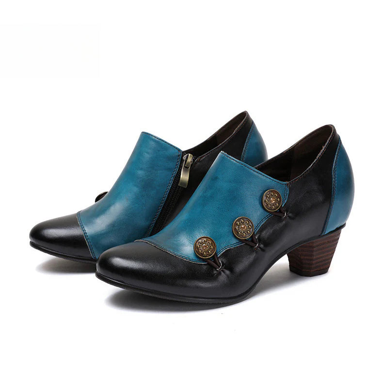 Socofy Vicconfy Genuine Leather Ethnic Style Handmade Vintage Literary Buckle Heels