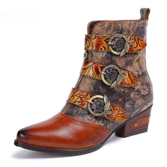 Socofy Vicconfy Head Cowhide Vintage Front Zipper Ankle Boots
