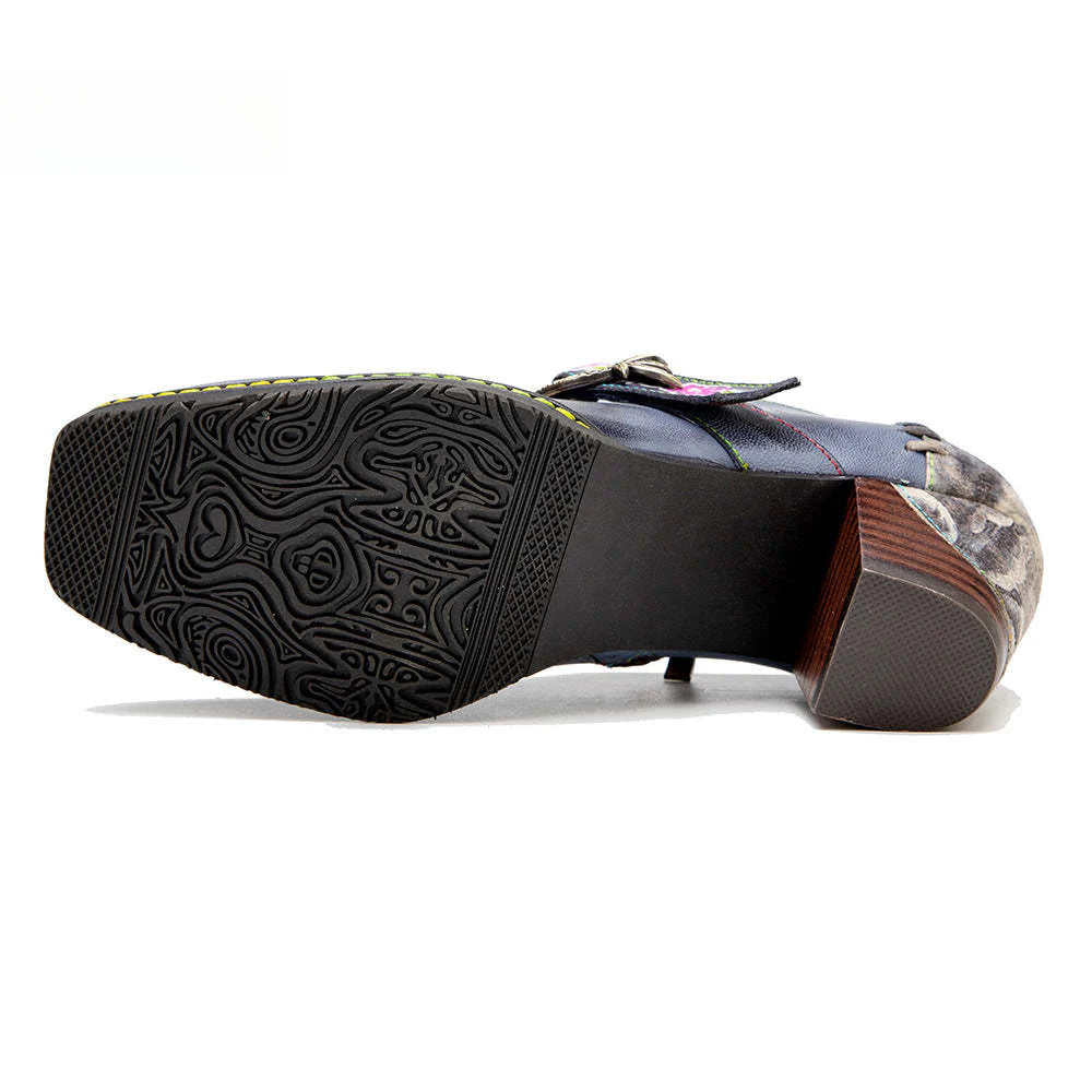 Socofy leather patchwork retro belt buckle chunky heel women's shoes