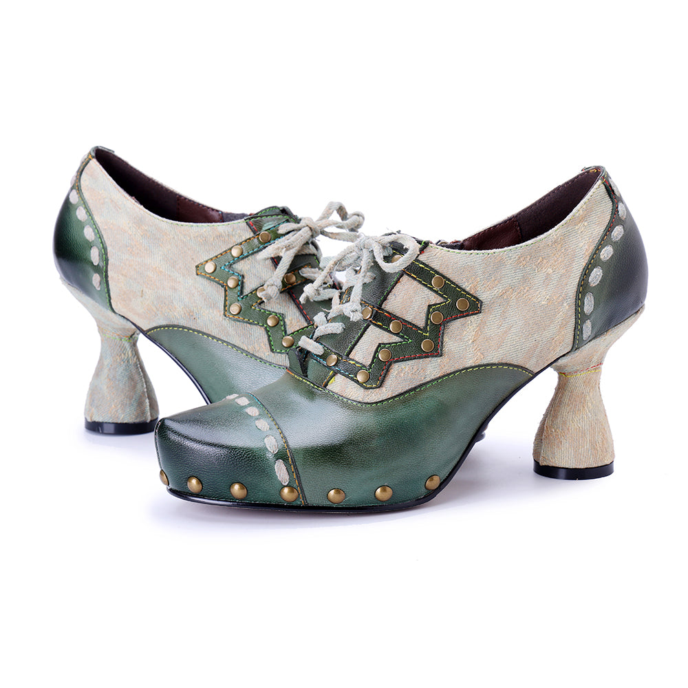 Socofy Vicconfy Genuine Leather Army Green Ethnic Style High Heels