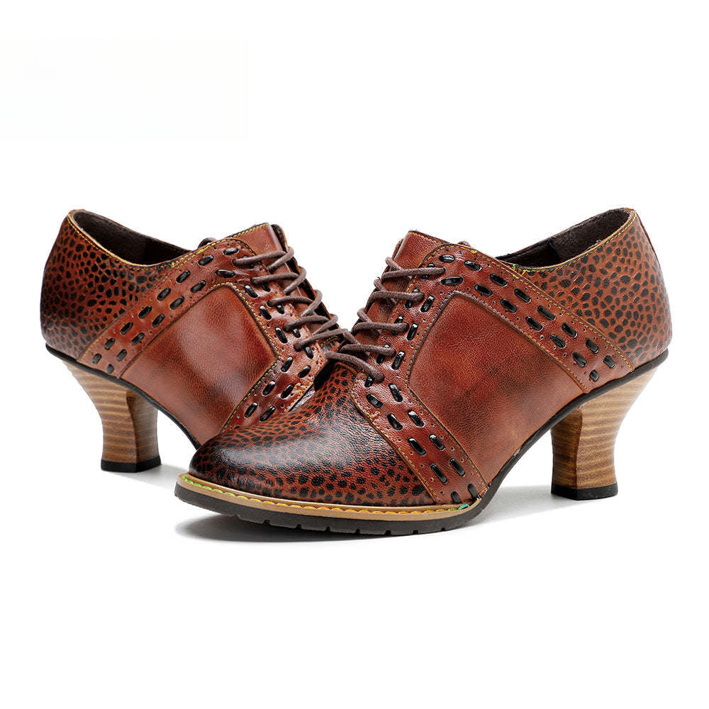 Socofy Leather Leopard Print Lace Up Women's High Heels