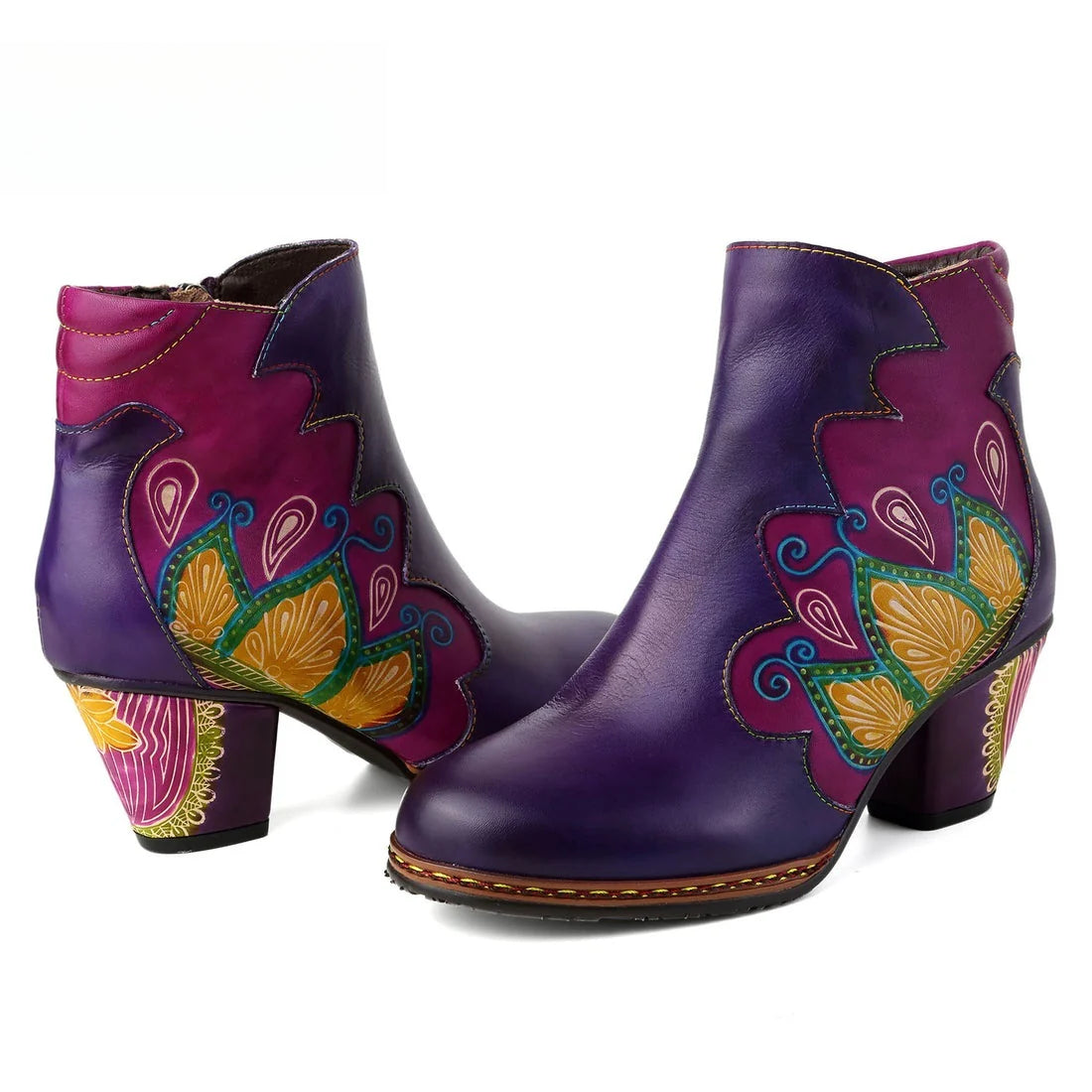 Socofy Vicconfy Retro Pattern Leather Zipper Ankle Boots