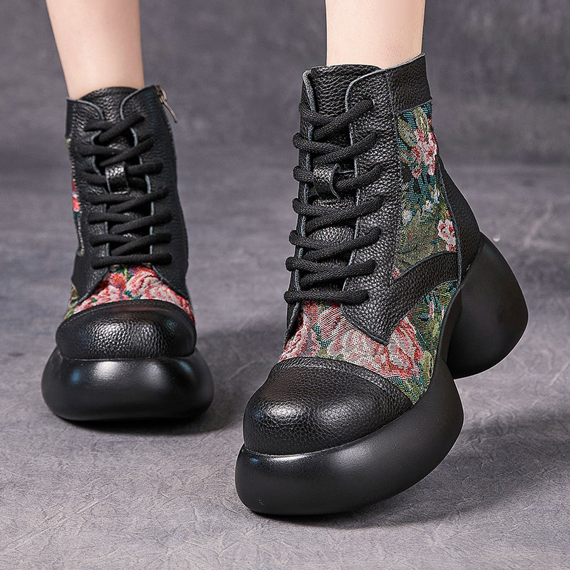 Socofy Retro Chinese Leather Platform Heel Boots