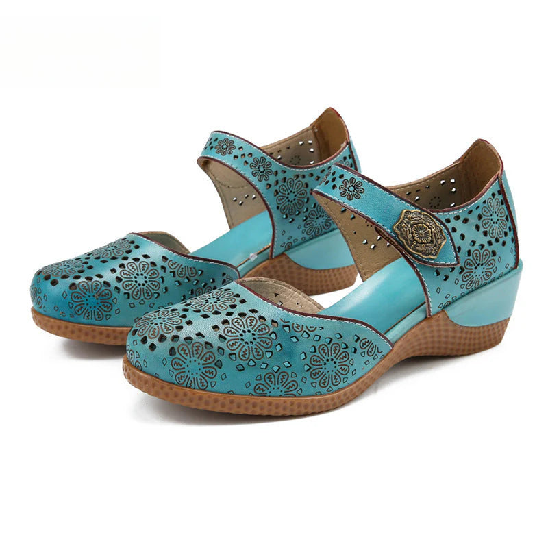 Socofy Genuine leather romantic three-dimensional flowers hollowed out sandals