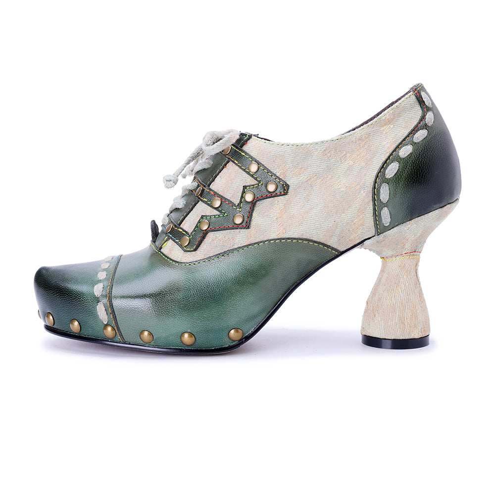 Socofy Vicconfy Genuine Leather Army Green Ethnic Style High Heels