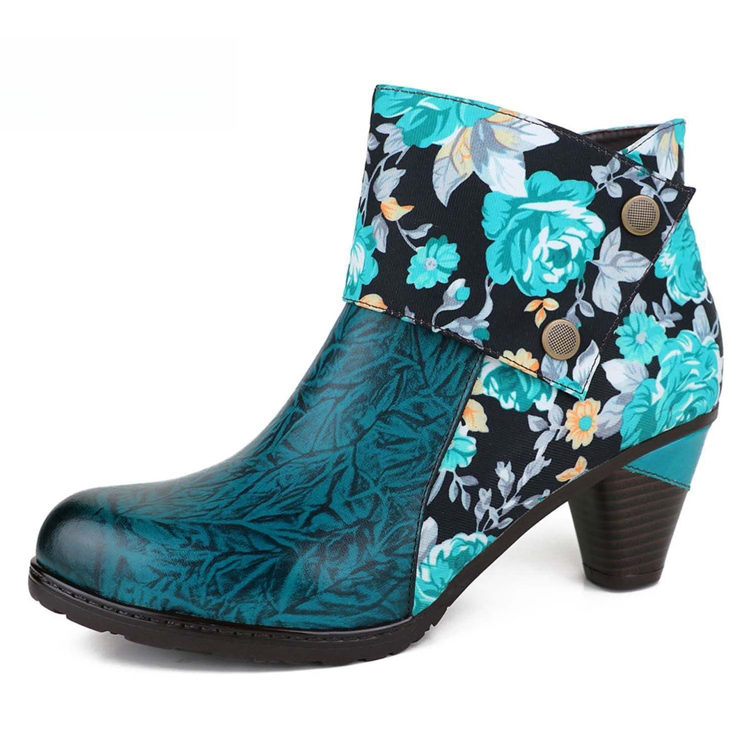 Socofy Autumn ethnic style cowhide thickened mid-calf round toe fashion boots for women