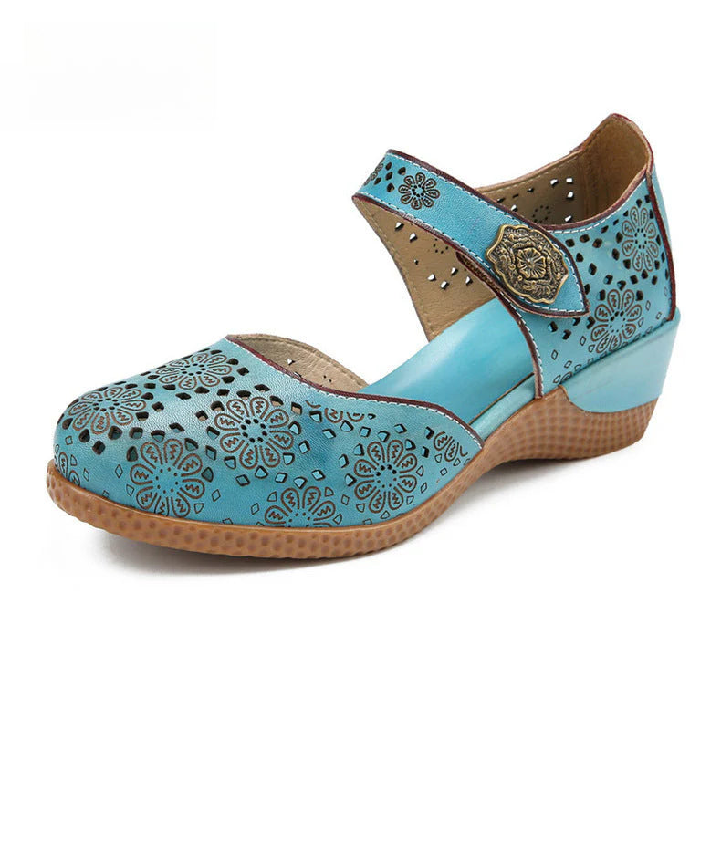 Socofy Genuine leather romantic three-dimensional flowers hollowed out sandals