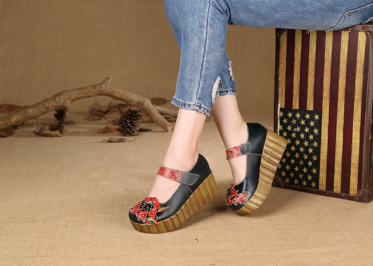 Socofy Summer Printed Platform Mary Jane Shoes