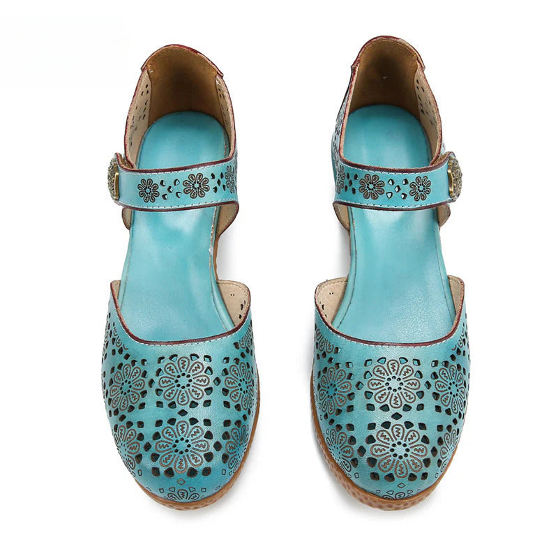Socofy Genuine leather romantic three-dimensional flowers hollowed out sandals
