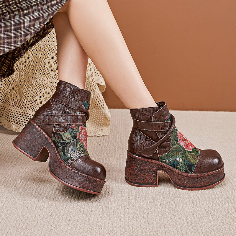 Socofy Retro Cowhide Leather Chunky Heel Platform Boots
