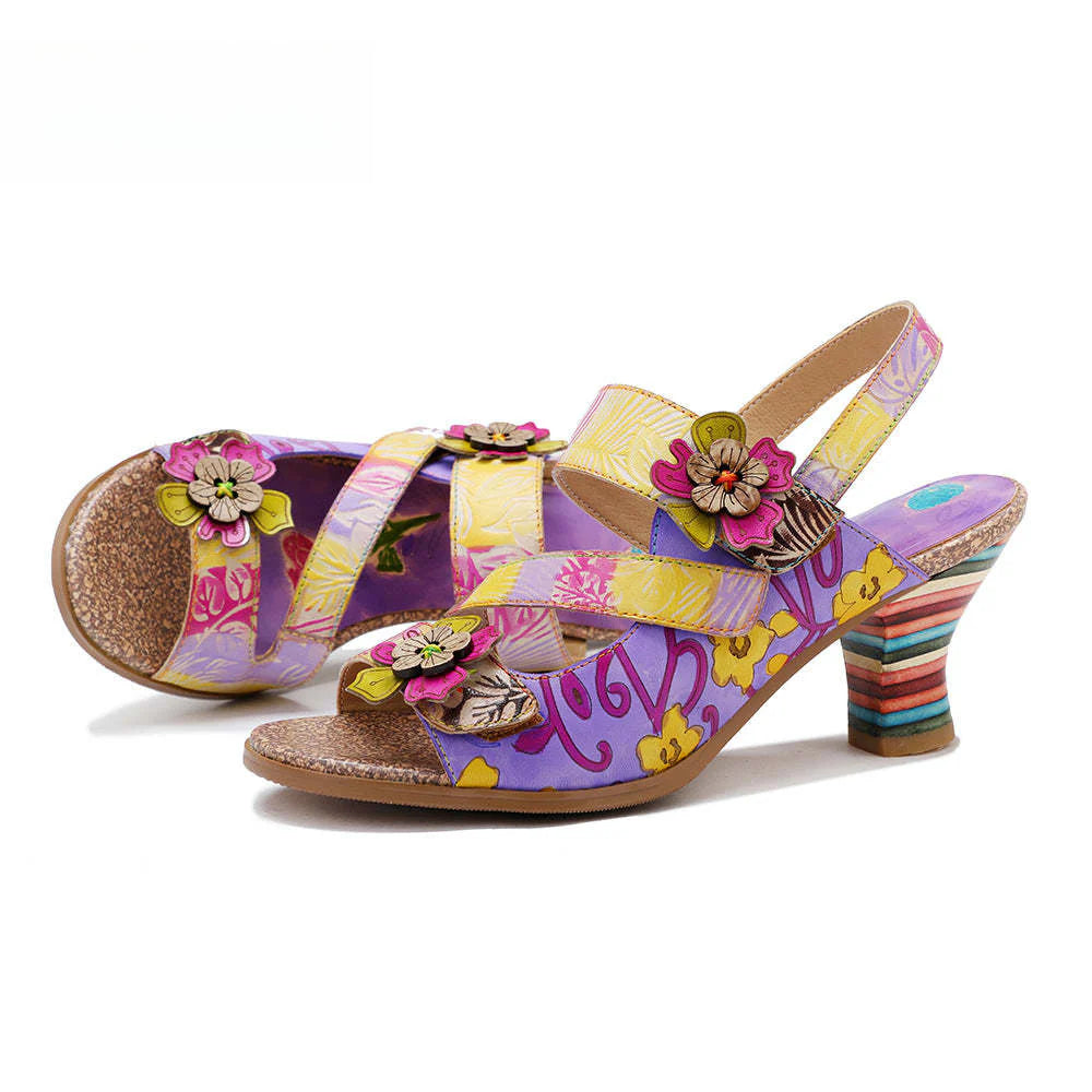 Socofy new summer style genuine leather retro three-dimensional flower rainbow and wine glass sandals for women