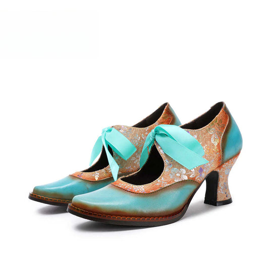 Socofy Summer flower blue ethnic style high-heeled ribbon lace-up women's shoes 1000