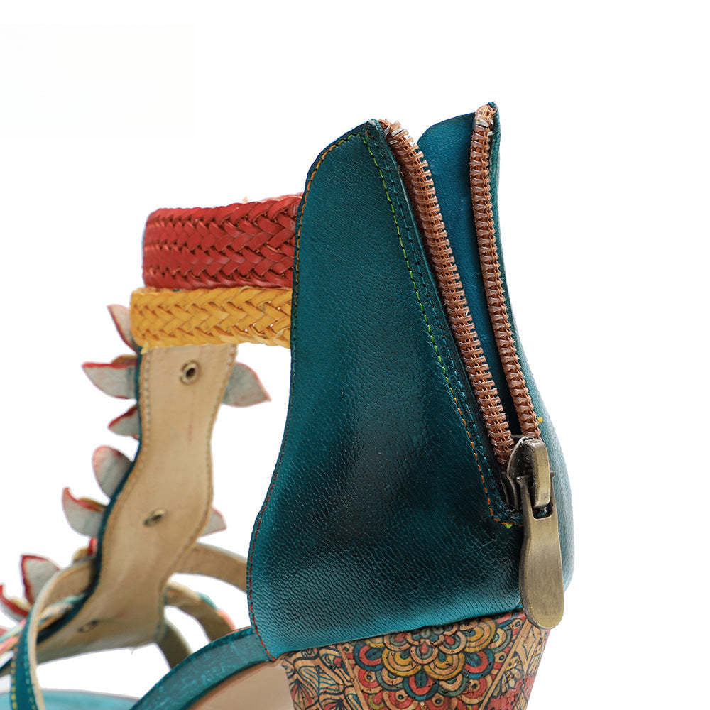 Socofy summer genuine leather braided retro fashion high-heeled women's sandals