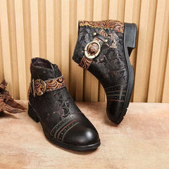SOCOFY Genuine Leather Ethnic Style Round Toe Belt Buckle Handmade Embossing Short Boots