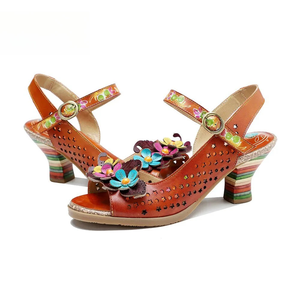 Socofy Summer New Genuine Leather Hand-painted Retro Hollow-out Flower High Heeled Sandals