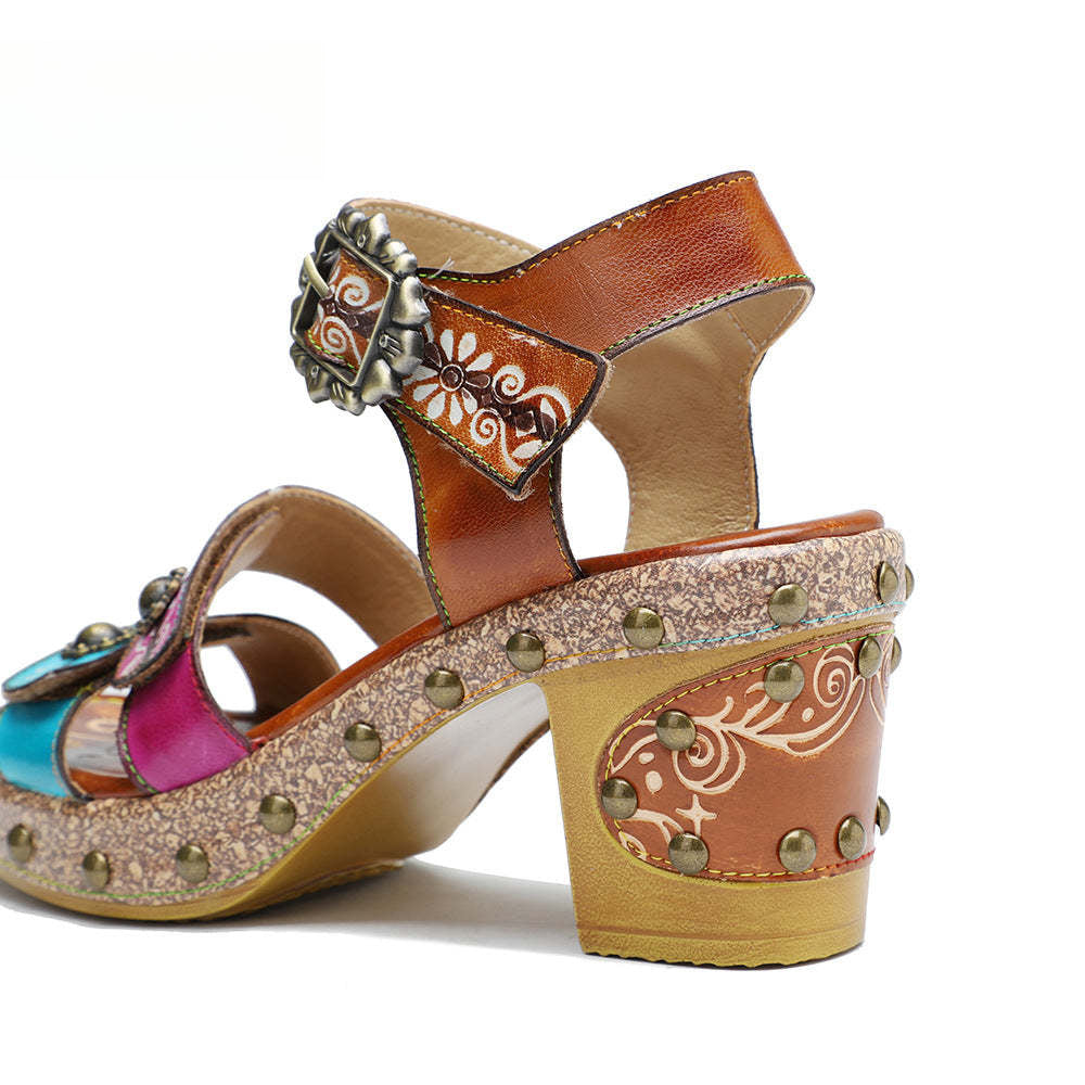 Socofy Summer Leather Retro Rivet Clash Colour High Heeled Sandals