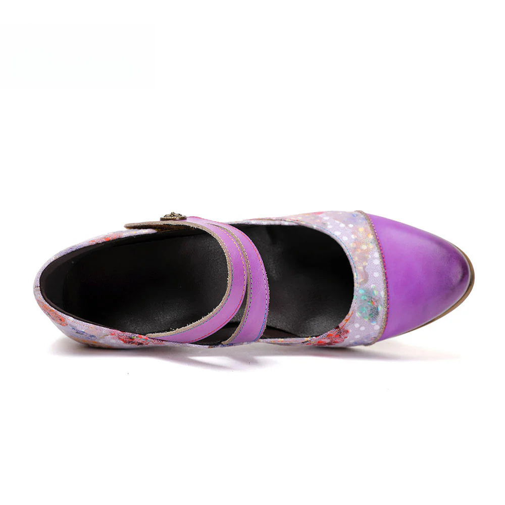 Socofy Vicconfy Genuine Leather Ethnic Vintage Style High Heeled Shoes