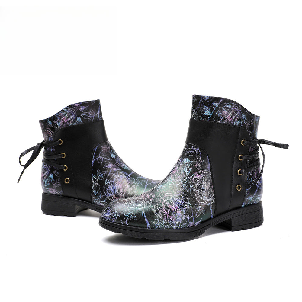 Socofy Vicconfy Retro Leather Blossom Casual Comfort Ankle Boots