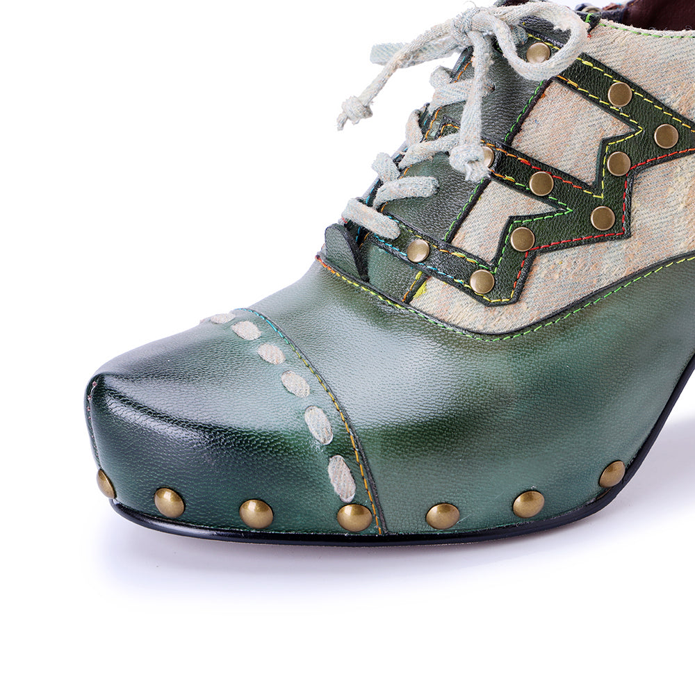 Socofy Vicconfy Genuine Leather Army Green Ethnic Style High Heels