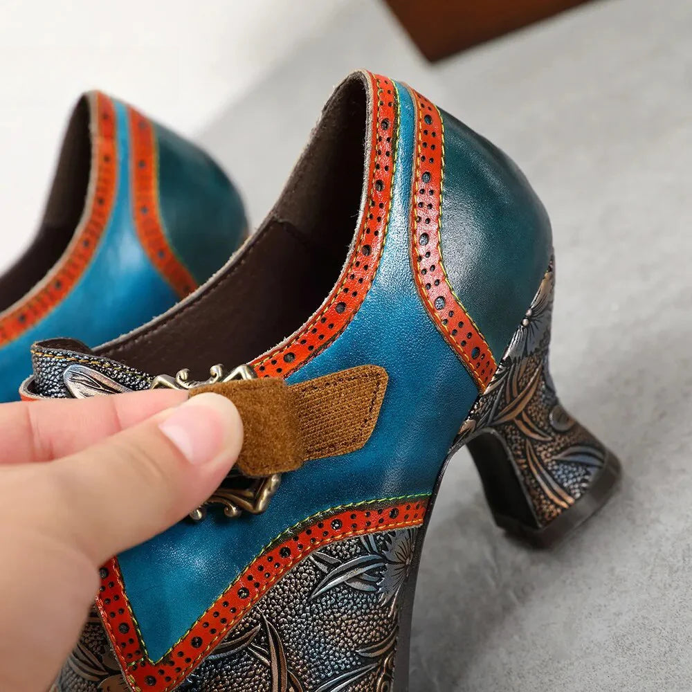 SOCOFY Retro Genuine Leather Square Heel Round Toe Buckle Strap Mixed Colors British Style Novelty Flower Shoes