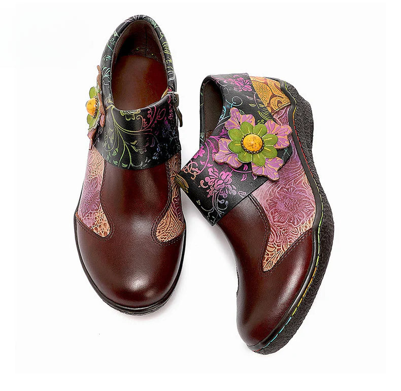 Socofy Vicconfy Ethnic Flower Leather Handmade Flat Shoes Low Heeled Single Shoes