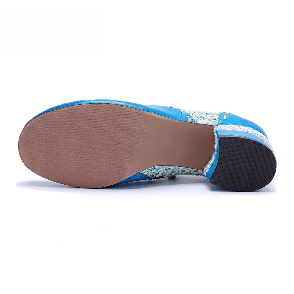 Socofy Genuine Leather Vintage Boho Woven Side Zipper Pumps