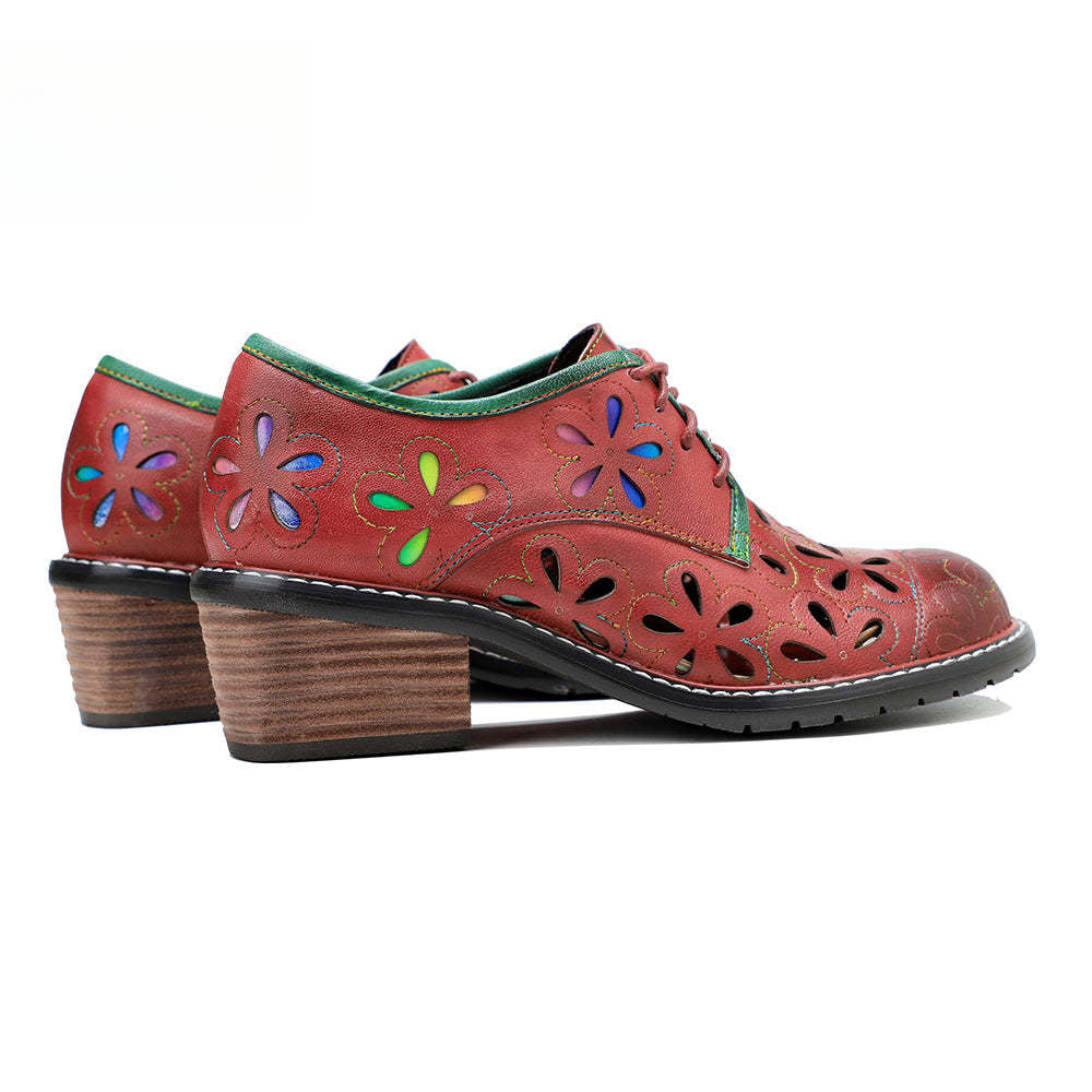 Socofy New style genuine leather retro contrasting hollow lace-up women's shoes