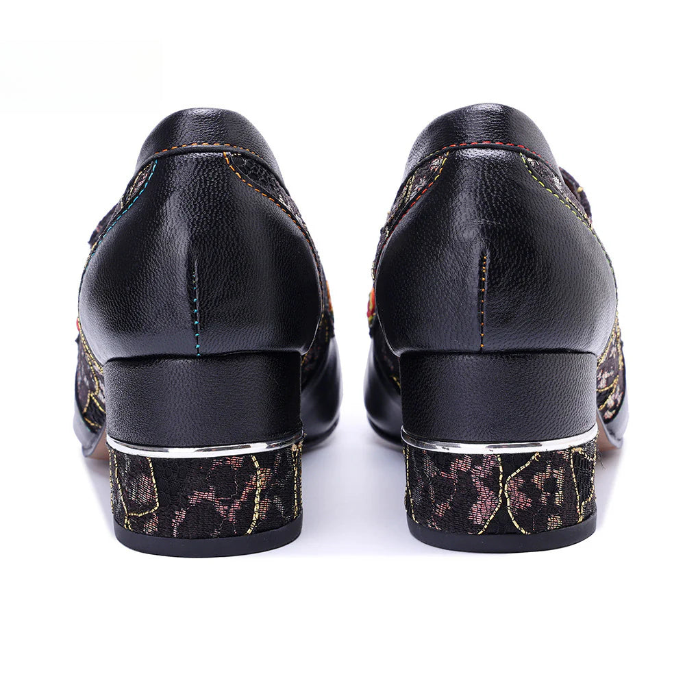 Socofy Leather Patchwork Comfortable Chunky Heeled Loafers Shoes