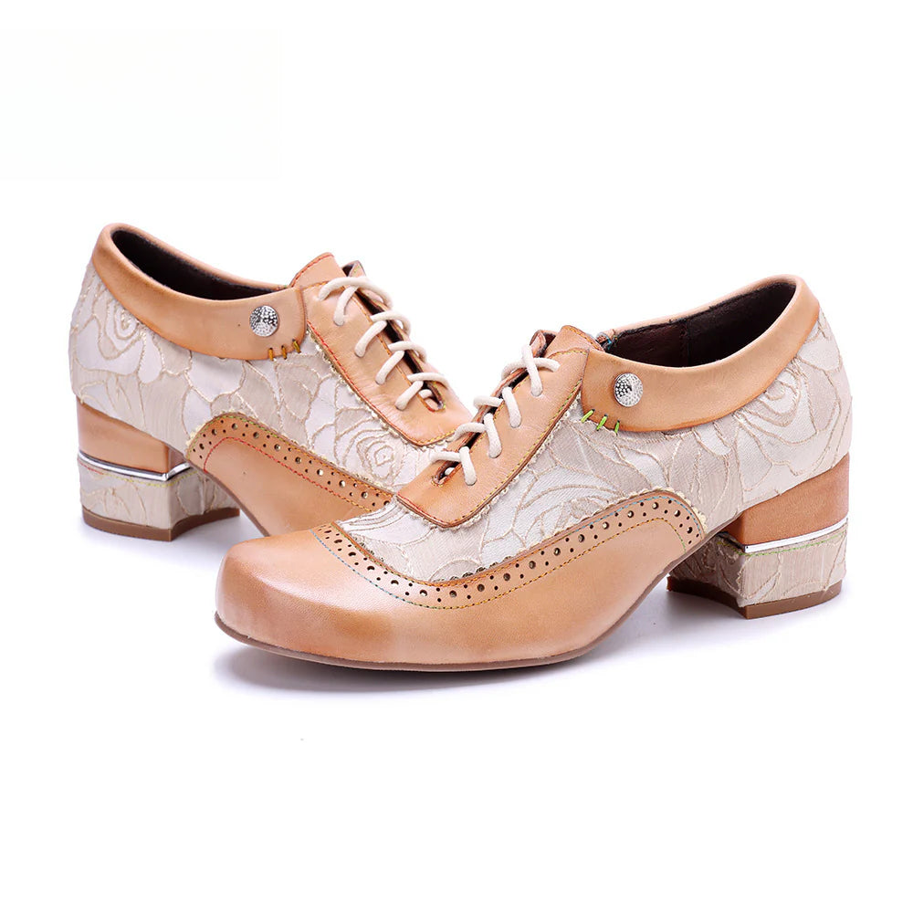 Socofy Genuine leather beige vintage brogue tassel side zipper pumps