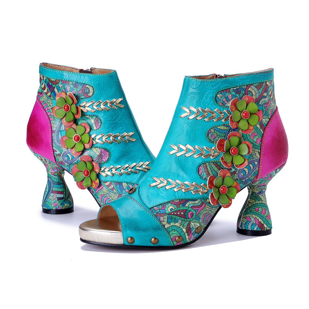 Socofy Vicconfy Leather Floral Fish Mouth Lake Green Heeled Sandals