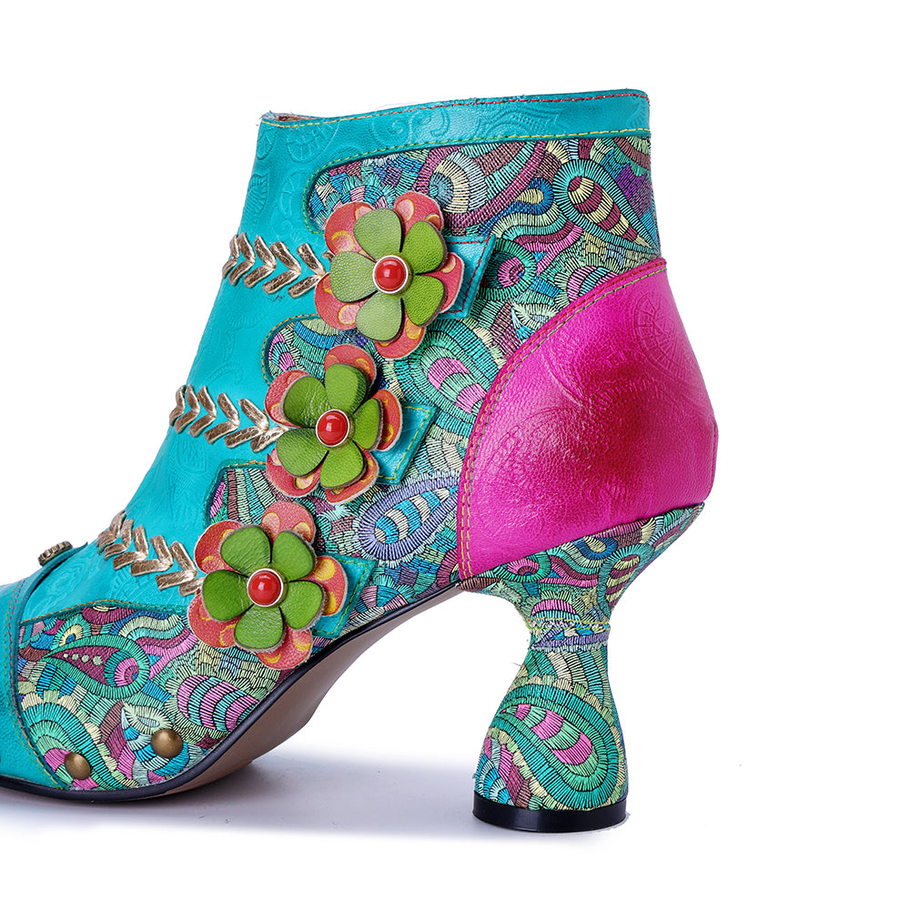 Socofy Vicconfy Leather Floral Fish Mouth Lake Green Heeled Sandals