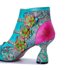 Socofy Vicconfy Leather Floral Fish Mouth Lake Green Heeled Sandals