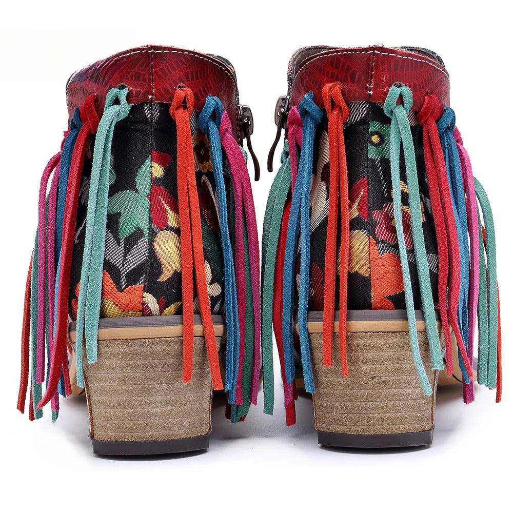 Socofy Vicconfy Leather Printed Fringe Cowboy Boots