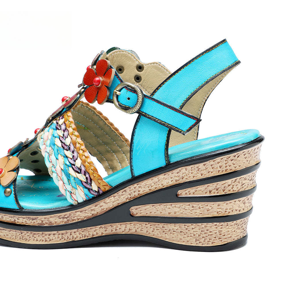 Socofy summer genuine leather bohemian style comfortable wedge sandals for women