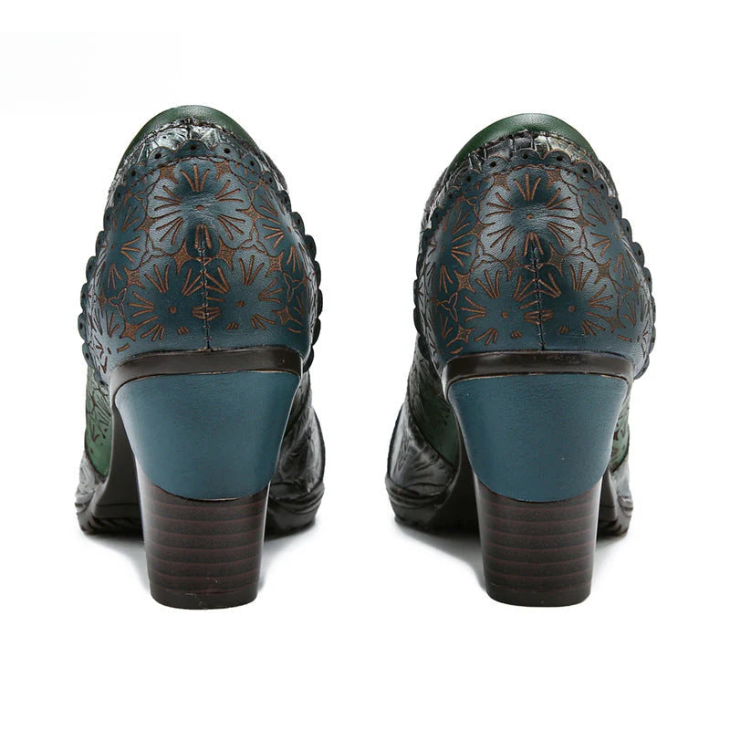 Socofy Genuine leather three-dimensional flower high heel pump