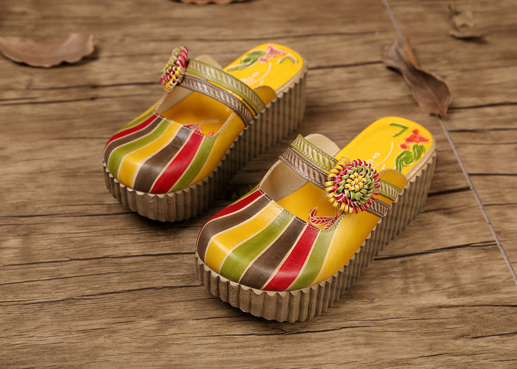 Socofy Vintage Cowhide Leather Platform Slippers