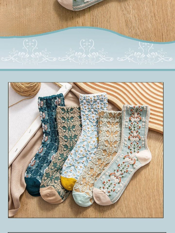 Socofy Vicconfy Vintage Cubic Embossed Socks Floral Mid-Calf Women's Socks