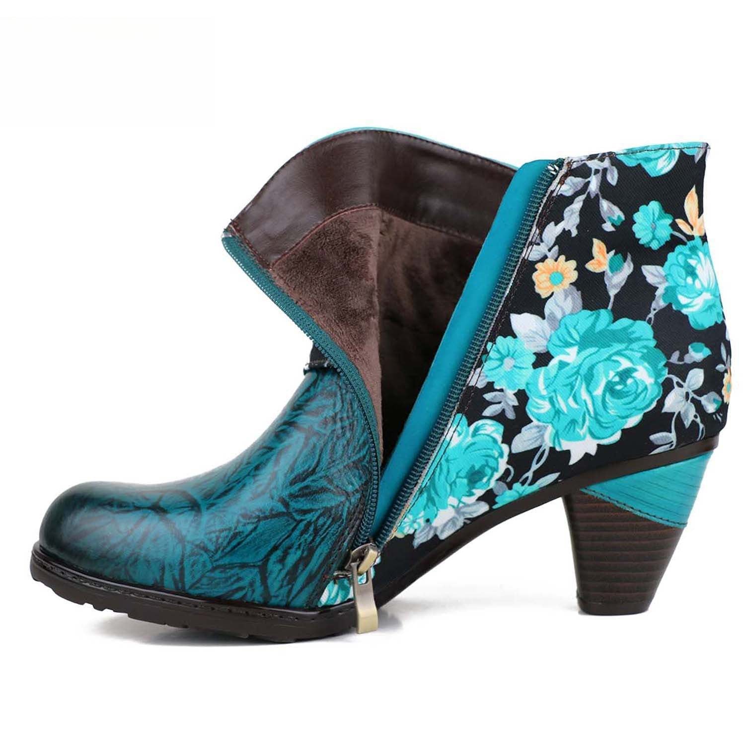 Socofy Autumn ethnic style cowhide thickened mid-calf round toe fashion boots for women