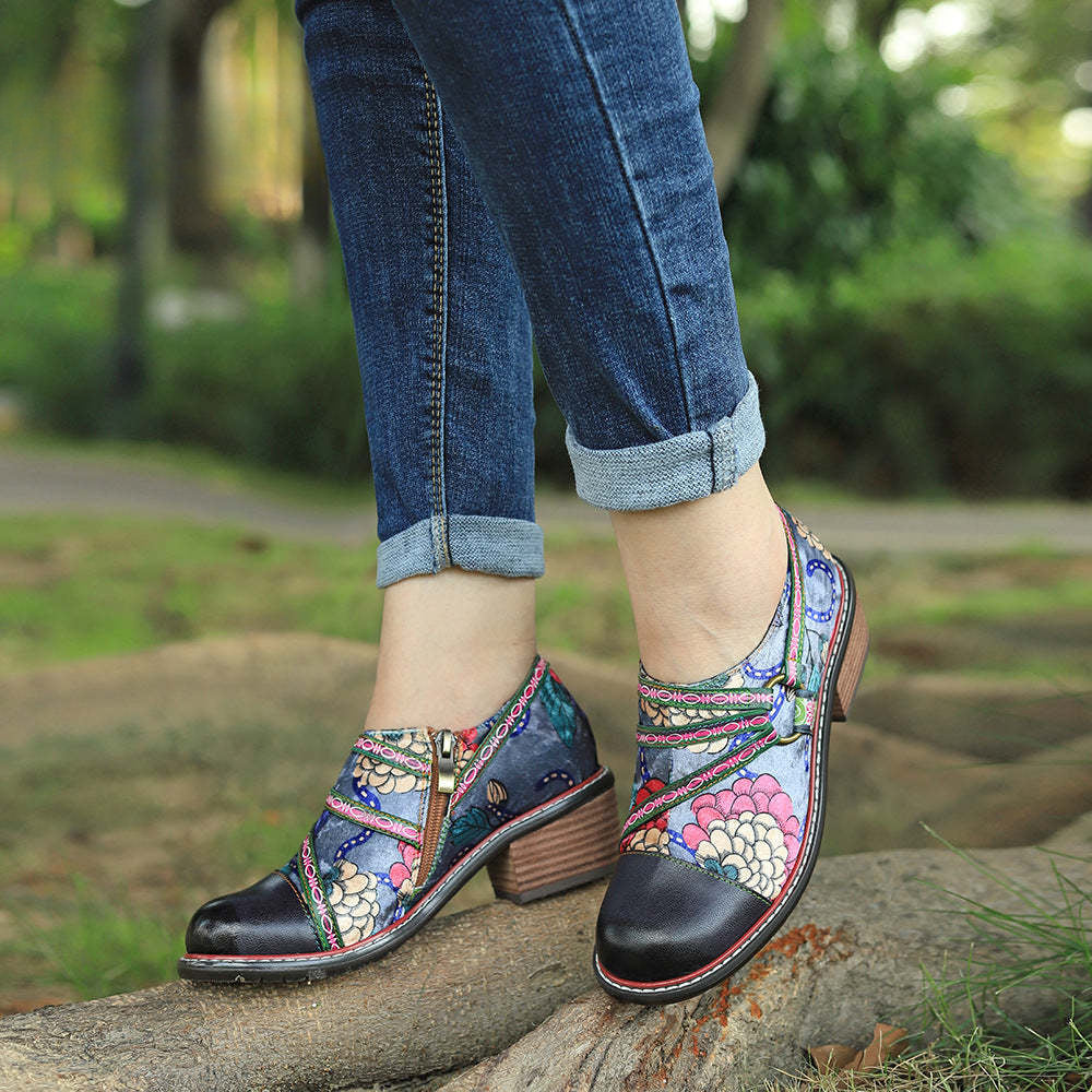 Socofy Leather Patchwork Vintage Graffiti Oxfords Brogues
