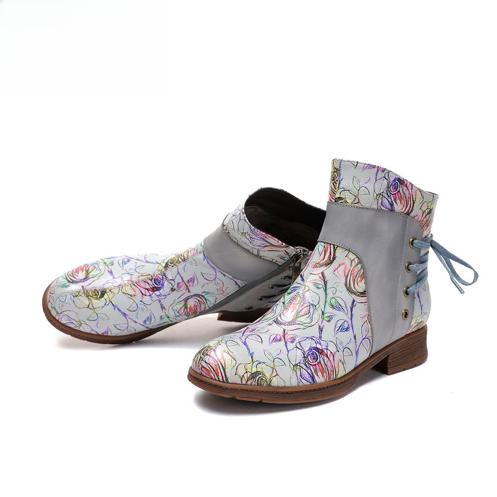 Socofy Vicconfy Retro Leather Blossom Casual Comfort Ankle Boots