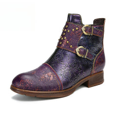 Socofy Vicconfy Genuine Leather Ethnic Vintage Rivet Belt Buckle Boots