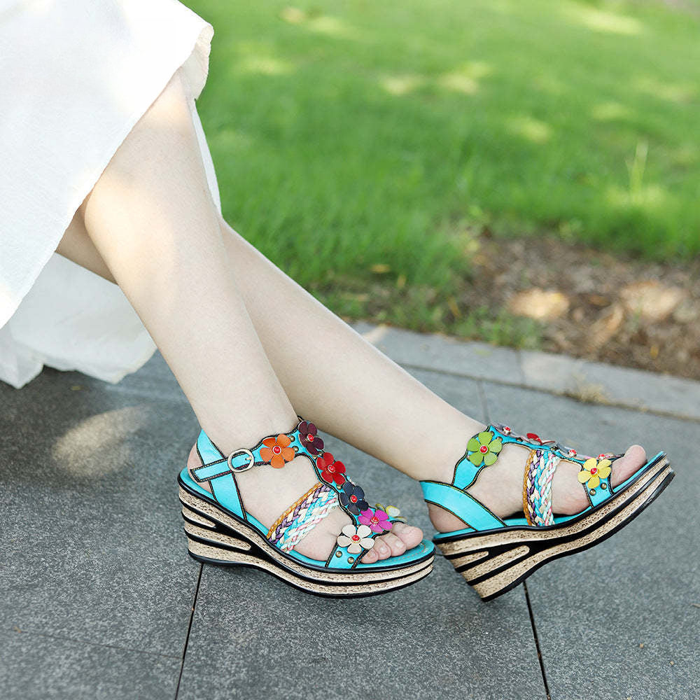 Socofy summer genuine leather bohemian style comfortable wedge sandals for women