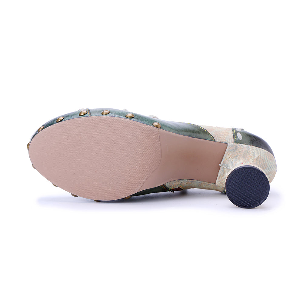 Socofy Vicconfy Genuine Leather Army Green Ethnic Style High Heels
