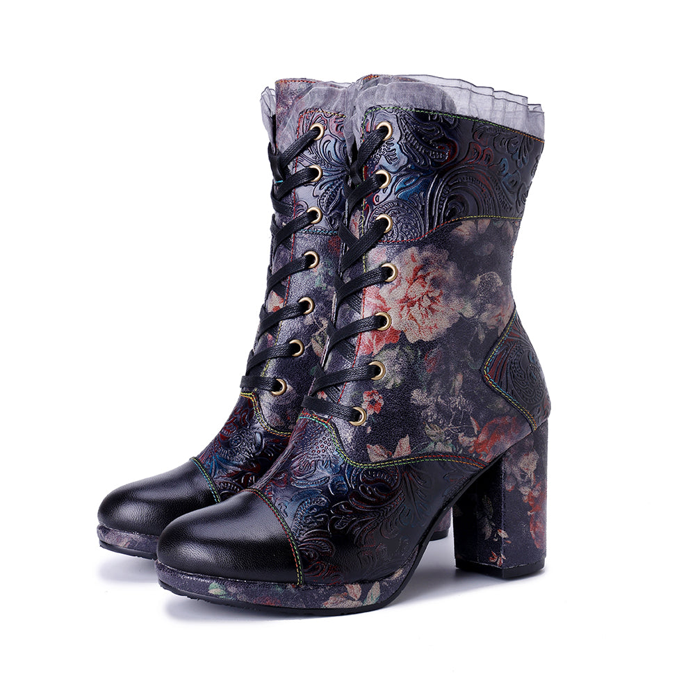 Socofy Winter Retro Lace Print Heeled Boots