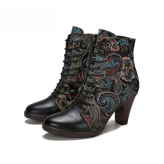 Socofy Vicconfy Cowhide Non-Slip Vintage Embroidered Heel Ankle Boots 790