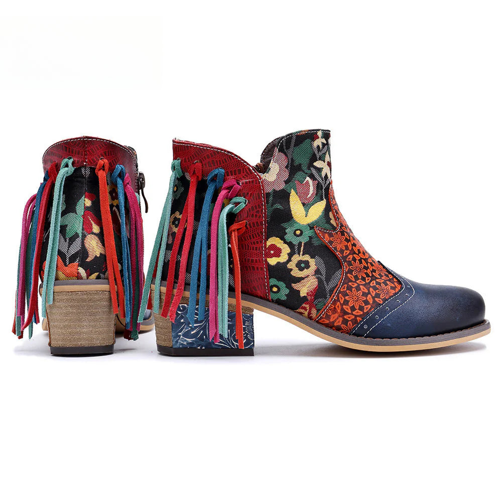 Socofy Vicconfy Leather Printed Fringe Cowboy Boots