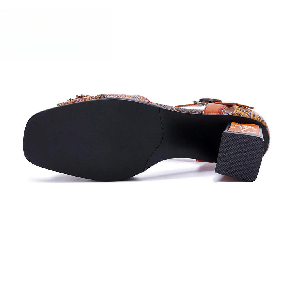 Socofy Vicconfy Handmade Leather Vintage Printed Dimensional Heeled Sandals